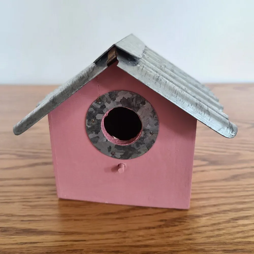 Vintage Handmade Corrugated Metal Roof And Wooden Birdhouse Mauve Tabletop Decor